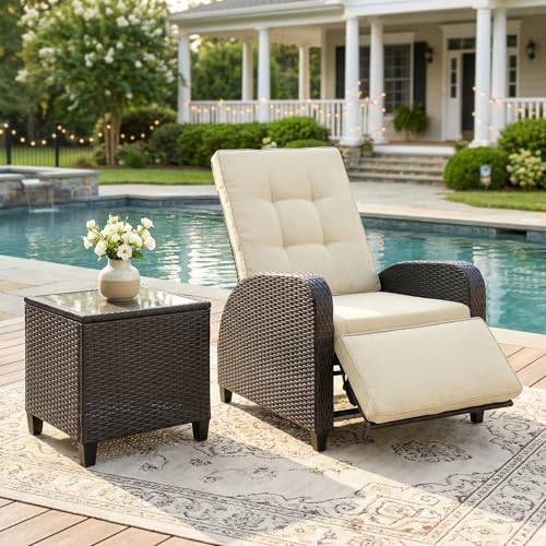 Green4ever Outdoor Patio Recliner with Adjustable Backrest and Footrest, All-Weather Wicker Patio Chair with Side Table, 160° Lay Flat Patio Reclining Lounge Chair for Garden Backyard, Beige - color: Beige, size: 2 Pieces