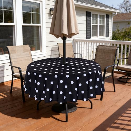 Poise3EHome Round Outdoor Tablecloth with Umbrella Hole and Zipper,Black Dot 60 Inch,Polyester SpillProof Washable Table Cloth for Spring Summer Patio Garden Poolside Picnic Camping BBQS - color: Black Dot, size: 60" (Round)