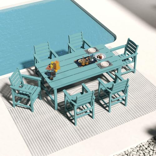 Outdoor HDPE Dining Set 7 Pieces, Patio Table with Umbrella Hole and 6 Chairs, All Weather Patio Furniture for Lawn, Garden, Backyard, Deck, Poolside, Outdoor Dining Table and Chairs, Aruba Blue - color: Aruba Blue, size: 7-Piece (1 Table + 6 Chairs)
