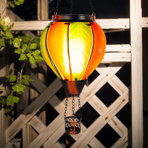 Hanging Solar Hot Air Balloon Lantern with Flame, Glass Hot Air Balloon Solar Lantern Outdoor Waterproof, Solar Powered Hot Air Balloon Lantern Decorative for Outside Garden Yard (Orange) - color: Orange