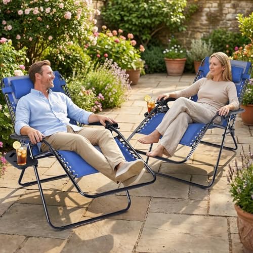 Sweetcrispy Zero Gravity Chairs, Foldable Patio Reclining Chairs with Adjustable Pillow & Cup Holder, Oversized Portable Support 400 lbs, for Backyard Camping(Blue-Gray) - color: Padded Blue-gray