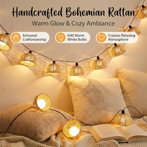 TWINKVILLA Solar Rattan String Lights Outdoor, 16FT 16 LED Half-Globe Hemisphere Wicker Lanterns, IP65 Waterproof Solar Powered Patio Lights, Boho Decorative Hanging Lighting for Garden Porch Wedding