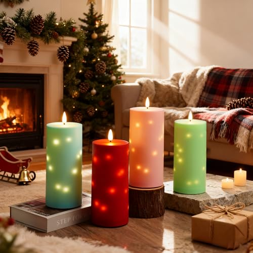 kakoya 10" x 4" Large Outdoor Waterproof Flickering Flameless Candles with Timer,2Pcs Battery Operated LED Pillar Candles with Embedded Star String for Outdoor Lanterns,Porch,Patio Decor(Green) - color: Green, size: 2PCS-D4"xH10"