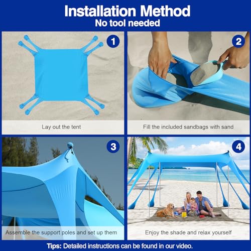 Rhino Valley Beach Tent Shade Canopy UPF50+ Protection, 8 Sandbags, 4 Stability Poles, Outdoor Sun Shelter Umbrella for Sand, Camping, Fishing Essentials - color: Sky Blue, size: 10 x 10 FT