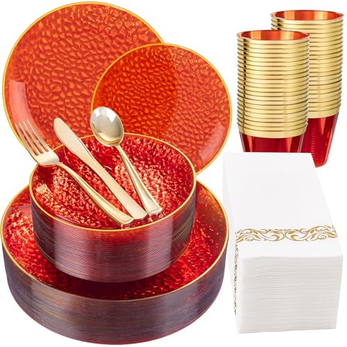 DaYammi 175PCS Clear Red Plastic Dinnerware Set, Hammered Disposable Plates for Mother's Day Party, Include: 25 Dinner Plates 25 Dessert Plates 75 Gold Silverware 25 Napkins 25 Cups for Wedding - color: Clear Red, size: 175 Pcs
