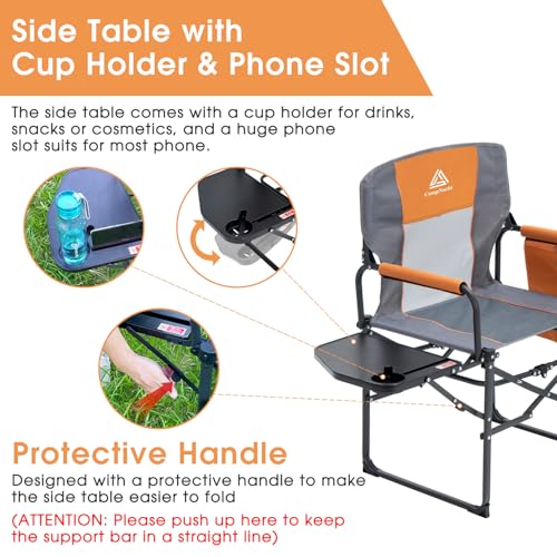 Wide Folding Director Chair with Table, Outdoor Camping Chair for Adults with Cup Holder Load 330 Lbs, Portable Lightweight Chair for Outside with Carry Bag for Patio, Orange-2Pack - color: Director Orange-2pack