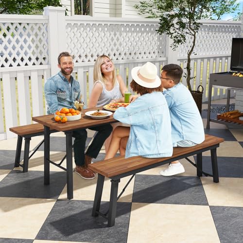 Tangkula Outdoor Folding Bench Set of 2, 55” 2-3 Person Acacia Wood Backless Patio Dining Bench, No Assembly Weatherproof Picnic Bench, Collapsible Benches for Porch, Yard, Poolside, Balcony