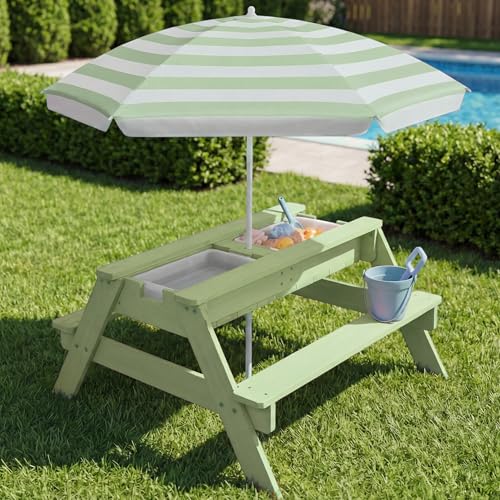 Best Choice Products Kids Picnic Table with Umbrella, 3-in-1 Sand & Water Table, Outdoor Convertible Picnic Table for Toddlers, Seats 4, Removable Top, 2 Buckets - Sage - color: Sage