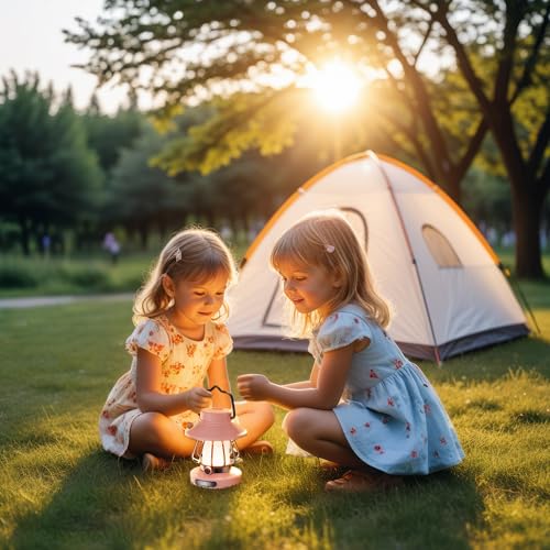 HOMY Pink Retro Kids Camping Lantern, 3-Color Dimmable Portable LED Night Light with Handle, Vintage Decorative Lamp for Toddlers, Gift for Tent, Backyard & Indoor Play - color: Pink