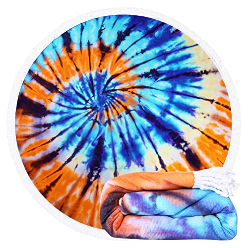 Benefeet Sox Beach Towel Large Round Mandala Pool Towels Tassels Microfiber Quick Dry Beach Blanket Throw Bohemian Roundie Swim Pool Circle Towel, 59 Inches - color: Tie Dye, Blue Orange