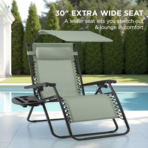 Best Choice Products 30” Wide Folding Zero Gravity Outdoor Recliner Patio Lounge Chair w/Adjustable Canopy Shade, Headrest, Side Accessory Tray - Sage Green - color: Sage Green, size: Oversized Extra Wide
