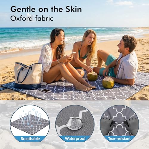 Beach Blanket Waterproof Sandproof, 79 x 79in Large Beach Mat for 1-3 Adults, Quick Drying Lightweight Durable Outdoor Picnic Mat with Stakes for Travel Camping Hiking (Grey)