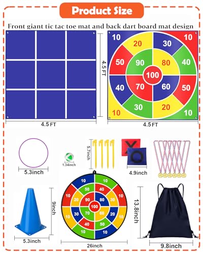 Carnival Games Set, Giant Tic Tac Toe Games, 4.5ft x 4.5ft Double-Sided, 26" Dart Board with Sticky Balls, Soft Plastic Cones Ring Toss Game Set for Kids Adults Family Outdoor Lawn Yard Birthday Party - size: D+GTD-T