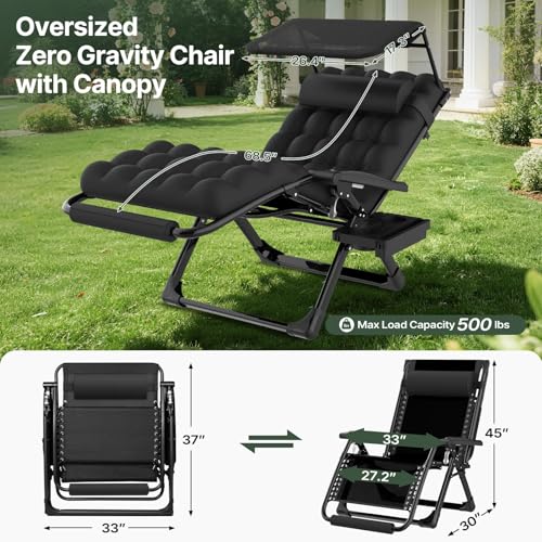 Suteck Zero Gravity Chair with Canopy,33In XXL Oversized Lounge Chair w/Removable Cushion&Headrest, Upgraded Lock and Footrest, Folding Reclining Patio Chairs Recliner for Indoor Outdoor - color: 33inch Black With Canopy