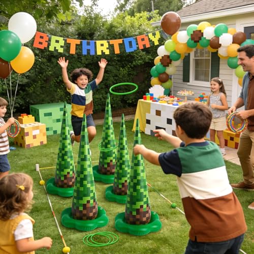 5 Pack Inflatable Pixel Ring Toss Game - Green Brown Pixel Themed Birthday Party Games with 10 Plastic Rings & Pump, Indoor Outdoor Carnival Toss Toy for Kids Party Favors - color: Green Pixel