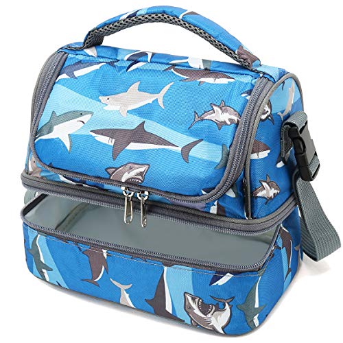 FlowFly Kids Double Decker Cooler Insulated Lunch Bag Large Tote for Boys, Girls, Men, Women, With Adjustable Strap, Shark - color: Shark
