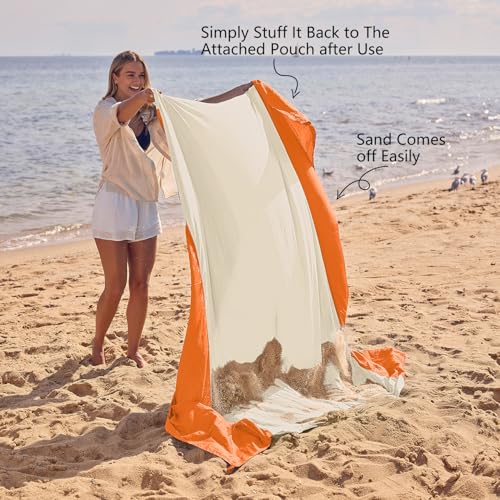 WEKAPO Beach Blanket Sandproof Waterproof, Extra Large Beach Mat, Oversized & Compact Sand Free, Quick Drying Beach Essentials for Vacation, Cruise, Picnic & Camping with Stakes - color: Orange, size: 9x10 FT (1～8 person)