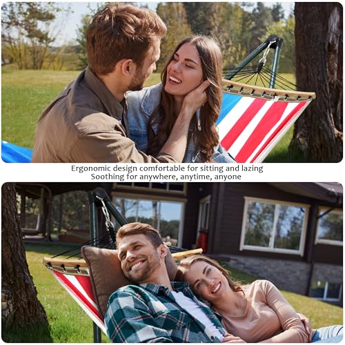 Tranquillo Sturdy Steel Hammock with Stand Premium Cotton Canvas Hammock, 600 lbs Capacity Hammock Stand Folding, Portable 30-Second Fold Unfold, for Camping, American Flag - color: 2. American Flag