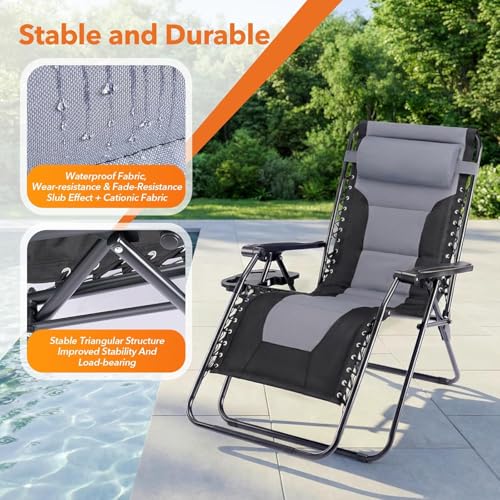 Simple Deluxe Relaxing Recliners Patio Chairs Adjustable Steel Mesh Zero Gravity Lounge Chair Beach Chairs with Pillow and Cup Holder, Black Grey - color: Black Grey, size: 62.2"(L) x 29.13"(W) x 41.73"(H)