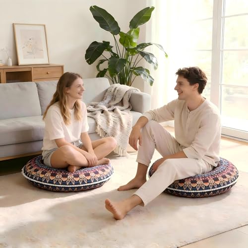 LOVMOC 32 Inch Round Floor Pillow for Adults, Large Thick Memory Foam Boho Mandala Meditation Floor Seating Cushion, Machine Washable for Living Room Outdoor Yoga Floor Sitting, Blue - color: Blue, size: 1 Count (Pack of 1)