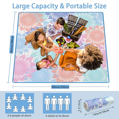 Supfitness Extra Large Picnic Blankets Waterproof Foldable (80 "x 80") Beach Blanket Waterproof Sandproof,3-Layer Thicking Mat Outdoor Packable Camping Blanket(Bohemian) - color: Light Blue, size: 80x80in