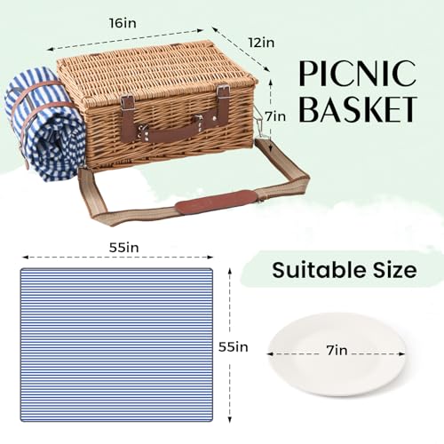 Willow Picnic Basket Set for 4 with Large Insulated Bag and Waterproof Picnic Blanket, Wicker Picnic Hamper for Camping, Outdoor, Birthday, Valentine, Navy - color: Navy With Blanket, size: For 4 Persons
