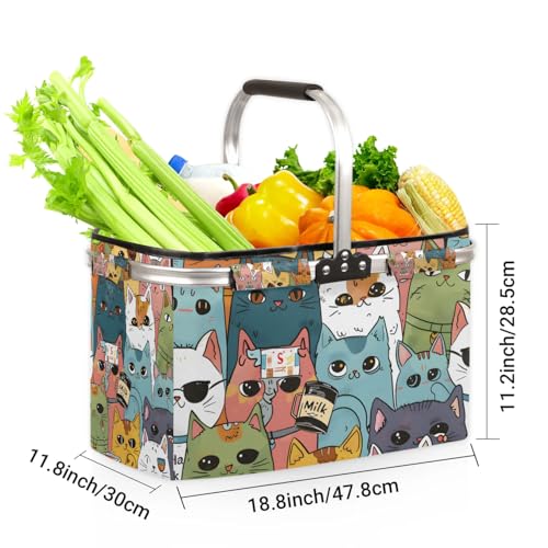 Picnic Basket, MARYHFENVA Collapsible Market Basket with Handles 40L Large Farmers Grocery Basket Portable Tote Bag - color: Cat(style 1)
