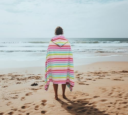 COTTON CRAFT Hooded Beach Towel – Oversized 39 x 68 Towel with Hood for Adults - 100% Cotton Velour Dobby Terry 450 GSM Pool Bath Wrap - Soft Absorbent Quick Dry – Pink Multi - color: Cabana Stripe - Pink Multi, size: 1 Pack - 39x68 Hooded