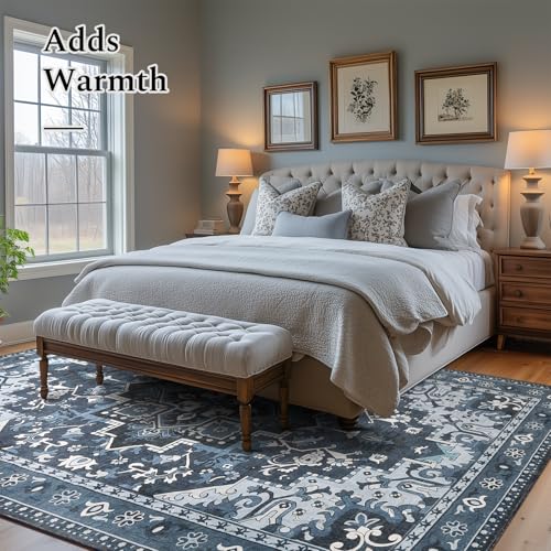 Rugflix 5x7 Area Rugs Machine Washable, Dark Navy Blue Carpet for Living Room, Oriental Indoor Area Rug Low Pile, Large Soft Thick Carpets Non Slip, Farmhouse Vintage Rug for Bedroom Dining Room - color: Blue, size: 5' x 7' (Rectangular)