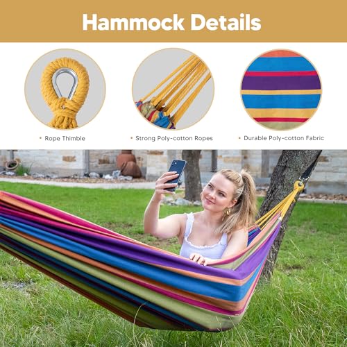 SUNCREAT Portable Large Hammock with Stand, Two Person Hammock with Stand Included, Rainbow Stripes - color: Yellow Purple