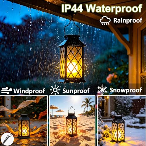 Solar Lanterns Outdoor Waterproof, Flickering Candles Hanging Solar Lights for Outside Garden Patio Wall Porch Decorative, Lamp with Upgraded Solar Panel, Tempered Glass & Clip, Black 2 Pack - style: Black*2, 4.2*4.2*8.7in