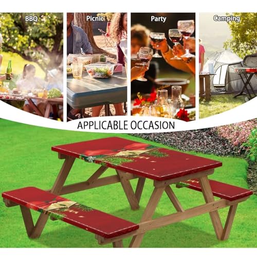 Christmas Elastic Fitted Table Cloth for Camping Party Christmas Bells Picnic Table Cover with Bench Covers 3 PCS for Outdoors - color: Christmas Bells, size: Small