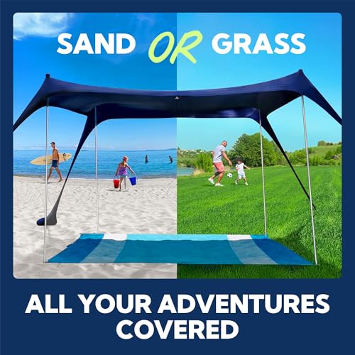 SUN NINJA Beach Tent Sun Shelter UPF50+ - Easy Pop Up Beach Canopy - Outdoor Shade for Camping Trips, Fishing, Backyard Fun Picnics - Sand Shovel, Ground Pegs & Stability Poles - color: Royal Blue, size: 7x7.5 FT 4 Pole