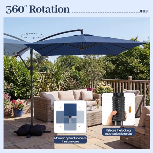 Tangkula 8x8 FT Patio Umbrella with Base Included, Square Offset Cantilever Outdoor Umbrella with 360 Degree Rotation, Crank Handle, Sandbags, 8 Ribs for Pool Deck Garden Backyard - color: Navy, size: 8 FT