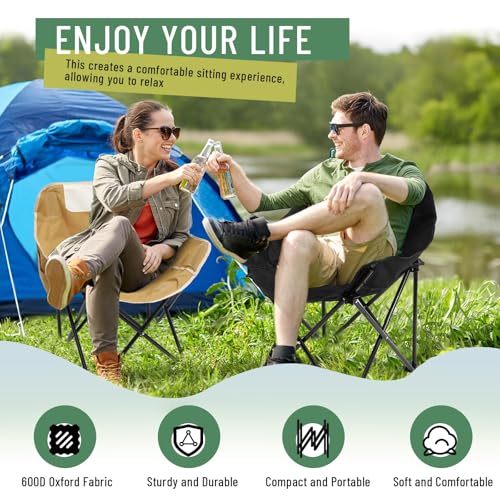 2 Pack Compact Camping Chairs Portable Folding for Outside with Carry Bag Lightweight Moon Chairs for Travel Picnic Hiking Beach Fishing, 600D Oxford, Supports 330lbs(Khaki, Black) - color: Khaki, Black