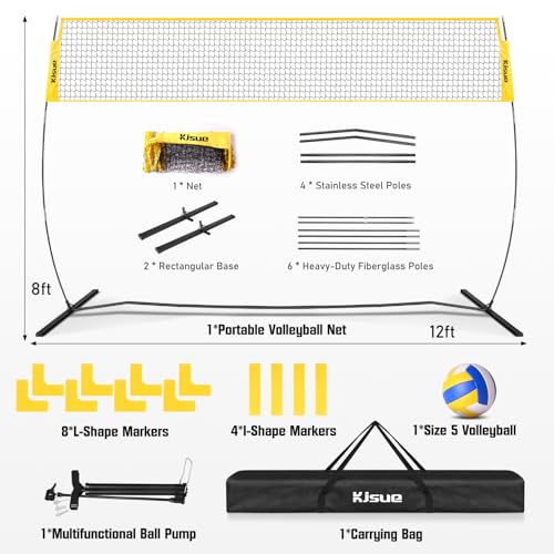 Freestanding Volleyball Net Set for Backyard - 12FT Portable Outdoor Volleyball Net Training Equipment with Soft Volleyball, Pump, Boundary Mark and Carry Bag for Park, Beach Games, Volleyball Sports - color: Yellow