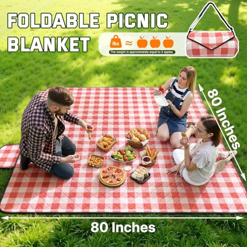 TigeJoy Extra Large Picnic Blanket Waterproof Foldable 80''x80'', Outdoor Picnic Mat Beach Blanket Sandproof for Park, Grass, Travel, Hiking, Camping Essentials, Gingham Picnic Blanket - color: Red, size: 6'8" x 6'8" (Rectangular)