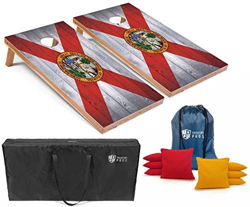 Tailgating Pros Regulation Cornhole Boards Flag Set - Includes 8 Bean Bags, Carrying Cases, and 4'x2' Corn Hole Toss Game w/Ring Light - color: Florida Flag