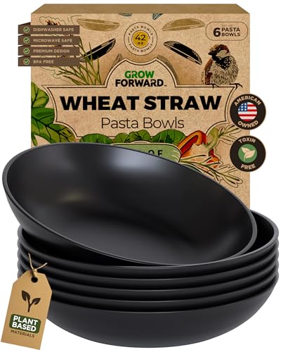 Grow Forward Premium Wheat Straw Pasta Bowls - 42oz Unbreakable Wide & Shallow Dinner Plate Bowls Set of 6 - Microwave Safe Reusable Plastic Pasta Bowls for Kids, Adults, Salad, Camping, RV - Midnight - color: Midnight Black, size: 42oz