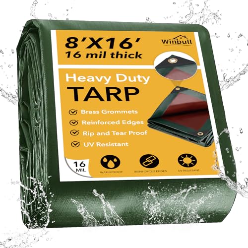 Winpull Tarp 8x16FT Green, 16 Mil Heavy Duty Waterproof Tarp, Tarp Waterproof with Brass Grommets and Reinforced Edges, UV Resistant Thick Poly Tarps for Pool Car Tent - color: Green/Brown-16mil, size: 8' x 16'