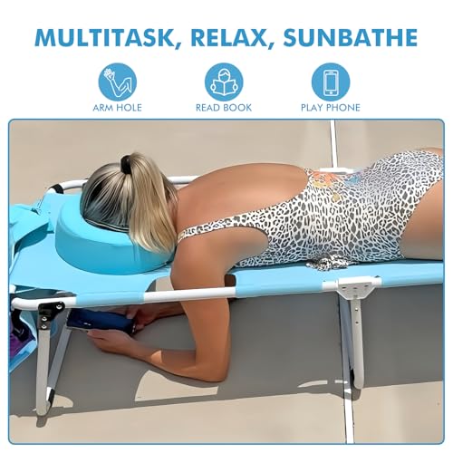 Oversized Extra Wide Tanning Chair with Sun Canopy Face Hole Padded Adjustable Washable, Heavy Duty Layout Folding Lounge Chair for Outside Beach Reading Sunbathing, UPF 50+, XL, Plus Size, 330 LBS - color: Blue, size: Oversized