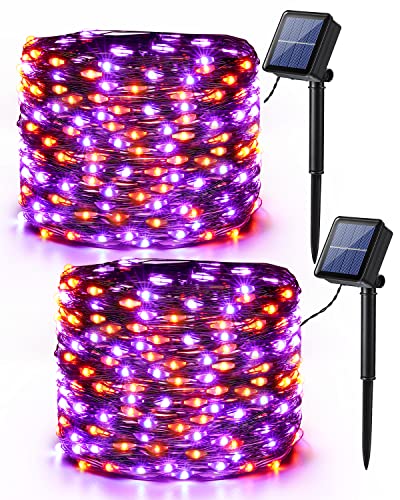 Brizled Orange & Purple Halloween Lights, 2 Pack Total 78FT 240 LED Solar Halloween Fairy Lights, 8 Modes Outdoor Orange Fairy Light, Purple Twinkle Light String Black Wire Outside Spooky Decorations - color: Purple & Orange