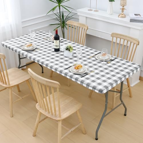 Smiry Picnic Table Cloth 2 Pack, Waterproof Elastic Fitted Tablecloths for 5FT Rectangle Tables, Washable Polyester Buffalo Plaid Tablecloth for Camping, Dining & Outdoor (Grey & White, 30" x 60") - color: Grey and White, size: 30" x 60"