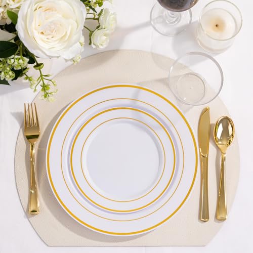 WELLIFE 600 PCS Gold & White Disposable Dinnerware Set for 100 Guests — White Plastic Plates with Gold Rim, Dinner & Salad Plates, Cups, Forks, Knives & Spoons for Weddings & Elegant Events - color: Gold, size: 100 Guests