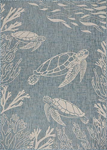 LR Home 8x10 Outdoor Area Rug | Turkish Carpet for Patio, Deck, Backyard, Garden, Front Porch, Picnic, Courtyard and Balcony | Large Boho Farmhouse Coastal, Beach, Coral Reef Themed Rug | Aqua/White - color: Aqua/White, size: 7'6" x 9'5" (Rectangular)