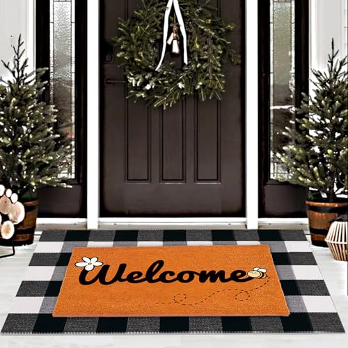 2 Pcs Non-Slip Artificial Coir Door Mat Set with Welcome & Bee Design, Layered Spring Decor for Farmhouse Front Porch Entryway, Seasonal Indoor/Outdoor Doormats