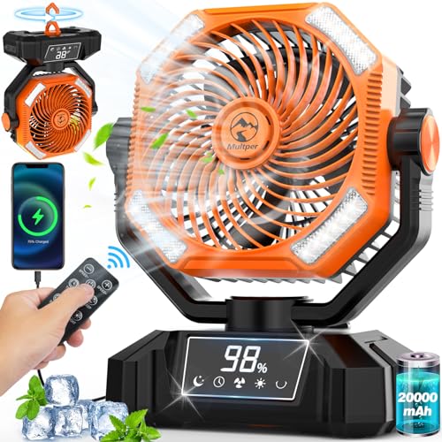 Multper 20000mAh Camping Fan, Up to 65H Long Runtime Battery Powered Fan with 5 Speeds, Oscillating Rechargeable Portable Fan with LED Lantern & Remote, Personal Tent Fan for Jobsite, Fishing, RV - size: 20000mah