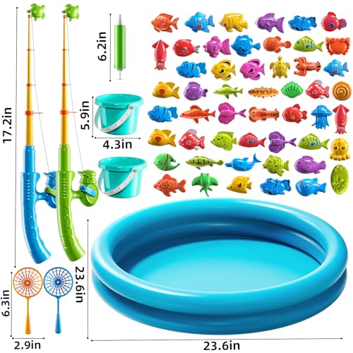 JUKUDAHU Magnet Fishing Toys Game for Kids 3-5 - Floating Fish Toys with Inflatable Kiddie Pool, Bath for Toddlers, Pole Rod Net, Outdoor Party for Boys Girls Kids Age 3 4 5 6 7 8 Year Old - style: 60 PCS Fishing and Round Pool with 2 Pails