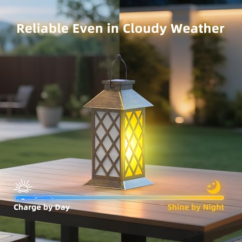 2 Pack 13" Solar Lanterns with Flickering Flame Candle, Outdoor Waterproof Hanging Lantern Lights Metal & Glass for Patio, Pathway, Garden Decorative, Gifts for Mom - style: Bronze-Cross01