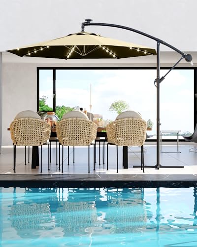 Jojoka 10FT Cantilever Patio Umbrella with Solar LED Lights - Offset Outdoor Umbrella - Easy Lift & Tilt - UV Protection - Fade Resistant - Ideal for Deck, Pool, Garden - color: Beige